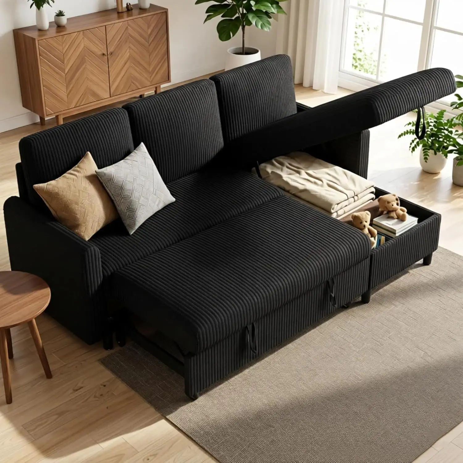 

L-Shaped Sleeper Sofa with Storage, 77' Corduroy Sectional Couch, Convertible 3-Seater for Small Spaces, Black