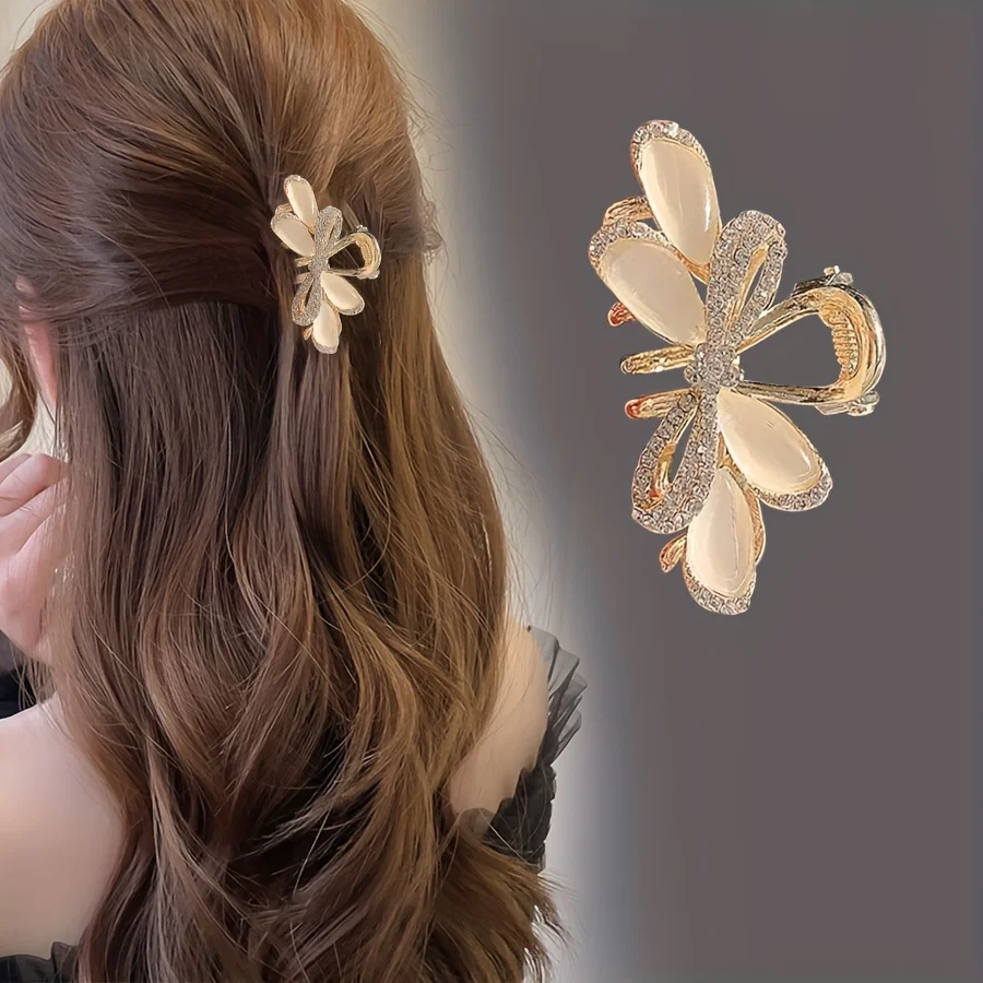 

Vintage Style Golden Rhinestone Cat Eye Stone Hair Clip, Elegant Bowknot Design, Iron Material, Chic Half-Up Hair Accessory