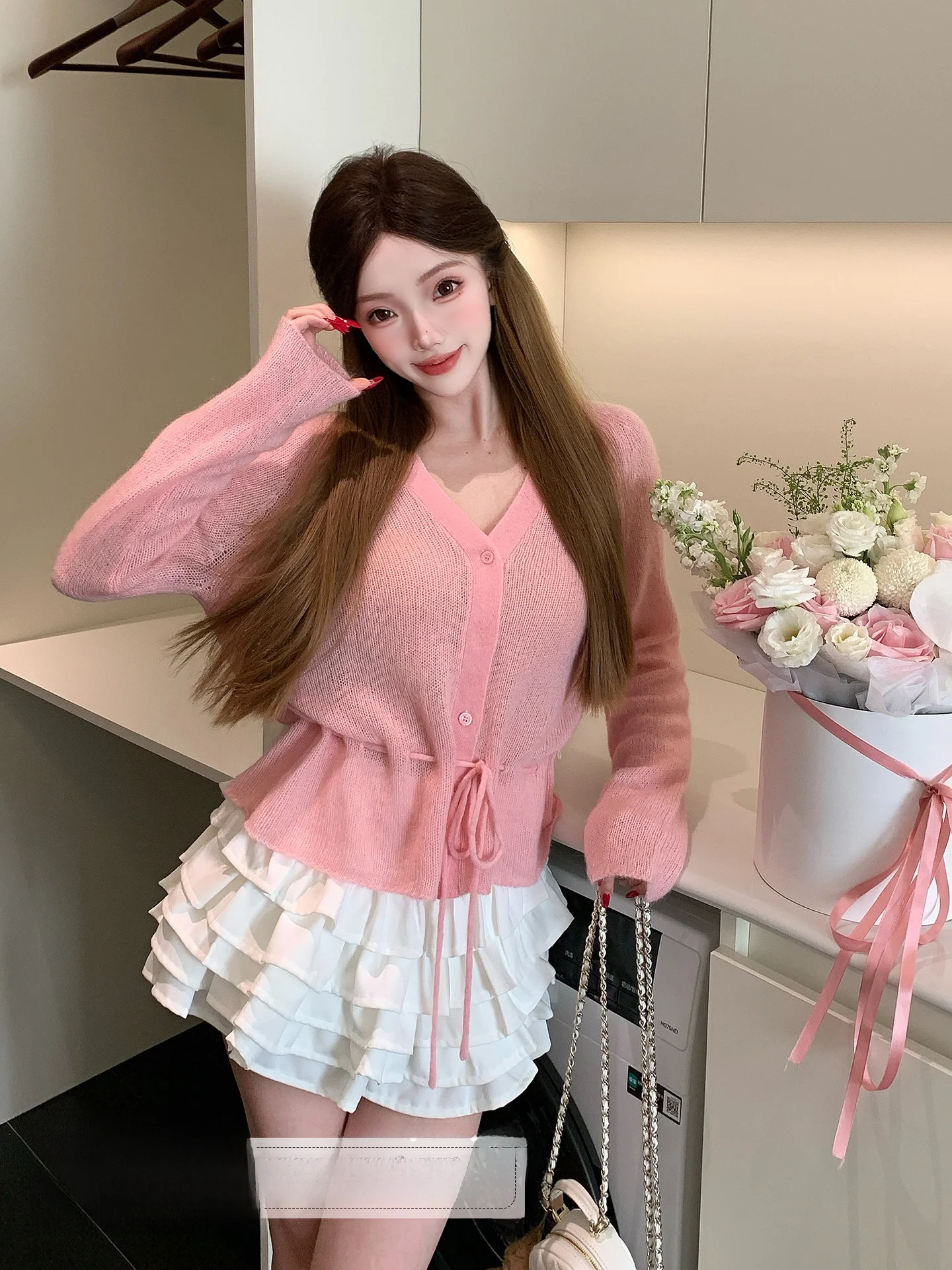 

БинБин присоединяется к нам. | Вязаный свитер Berries Morning V-ne с капюшоном, 45% шерсть, свободный крой, длинный рукав, осенний топ