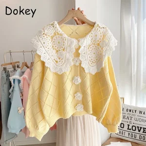 Vintage feminino oco patchwork suéter, Peter Pan Collar, doce botão de flor formal, casacos de malha kawaii, Cardigans outono 10 principais vendas sueter gola peter pan - №2