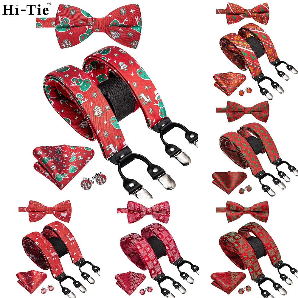 Hi-Tie Red Silk Christmas Mens Braces Jacquard Bowtie Hanky Cufflink Y Back Clip On Adjustable Suspender Bowtie Wedding Luxury