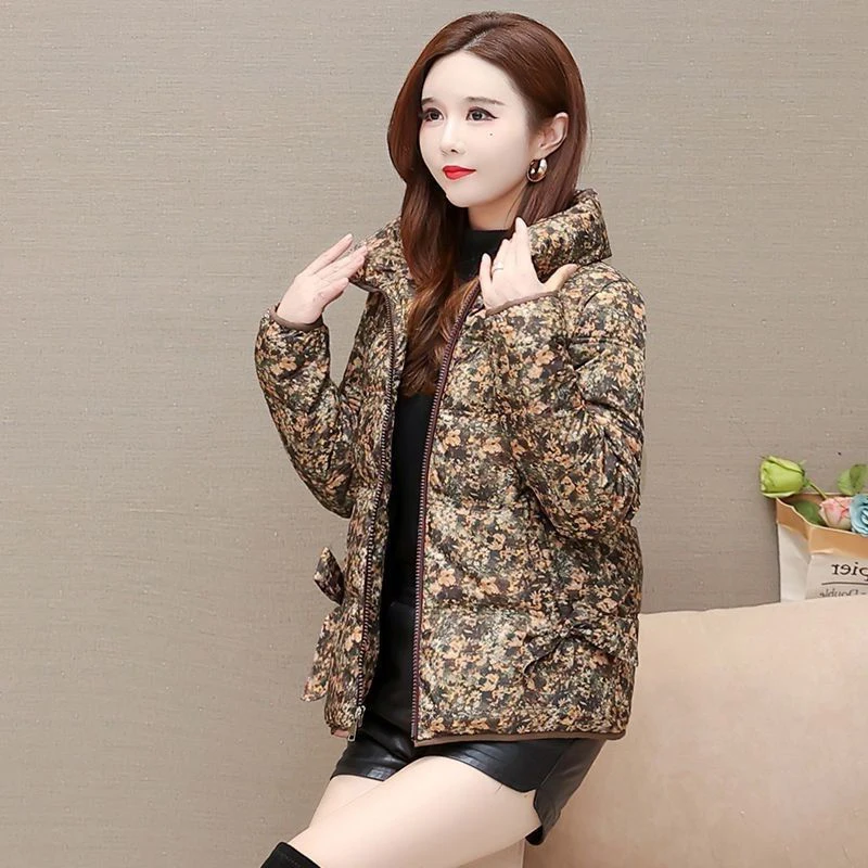 

Faionable Floral Print down Cotton Jaet Women's Winter Thiened Warm Stand Collar ort Sle Korean Version Outerwear
