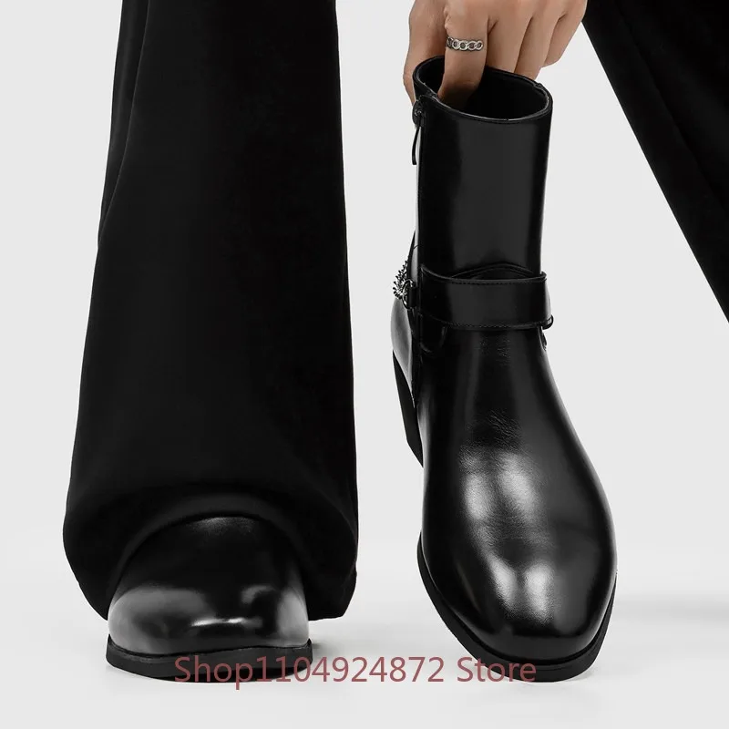 Luxury Vintage Men Mid Calf Cowboy Boots Side Zipper Pointed Toe Motorcycle High Heel Party Dress Ankle Chelsea Boots Male Shoes