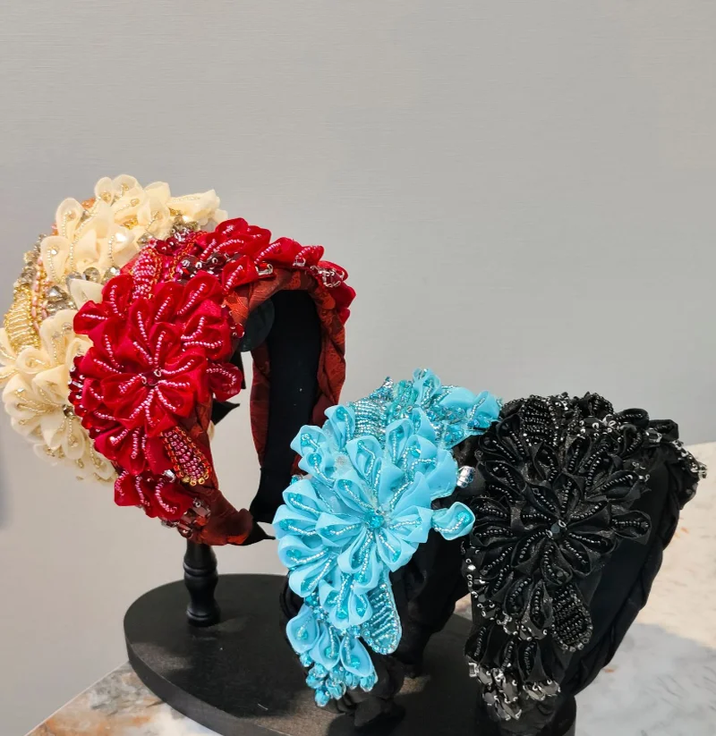 Exquisite Handmade Bead Mesh Flowers Headband Hair Clip Banquet Party Pressed Hair Hairbands Wide Edge Hair Hoop Women Accessory