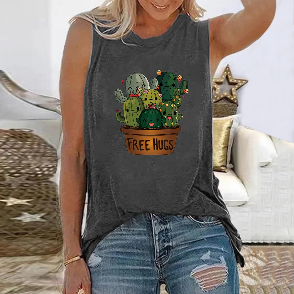 Seeyoushy New Funny Sleeveless Women T-shirt Free Hugs Cactus Prickly Pear Print Tee Shirt Femme Kawaii Cartoons Tops Clothes