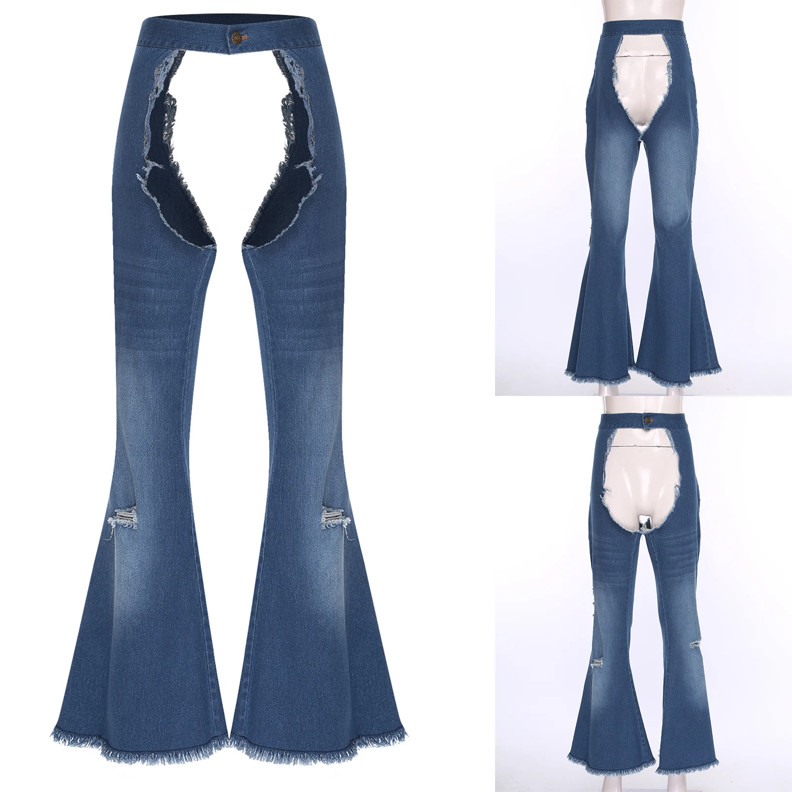 

Womens Cowgirl Riding Hippies Cosplay Performance Chaps Pants Hollow-out Crotch Denim Jeans for Carnival Stylish Cover Pants