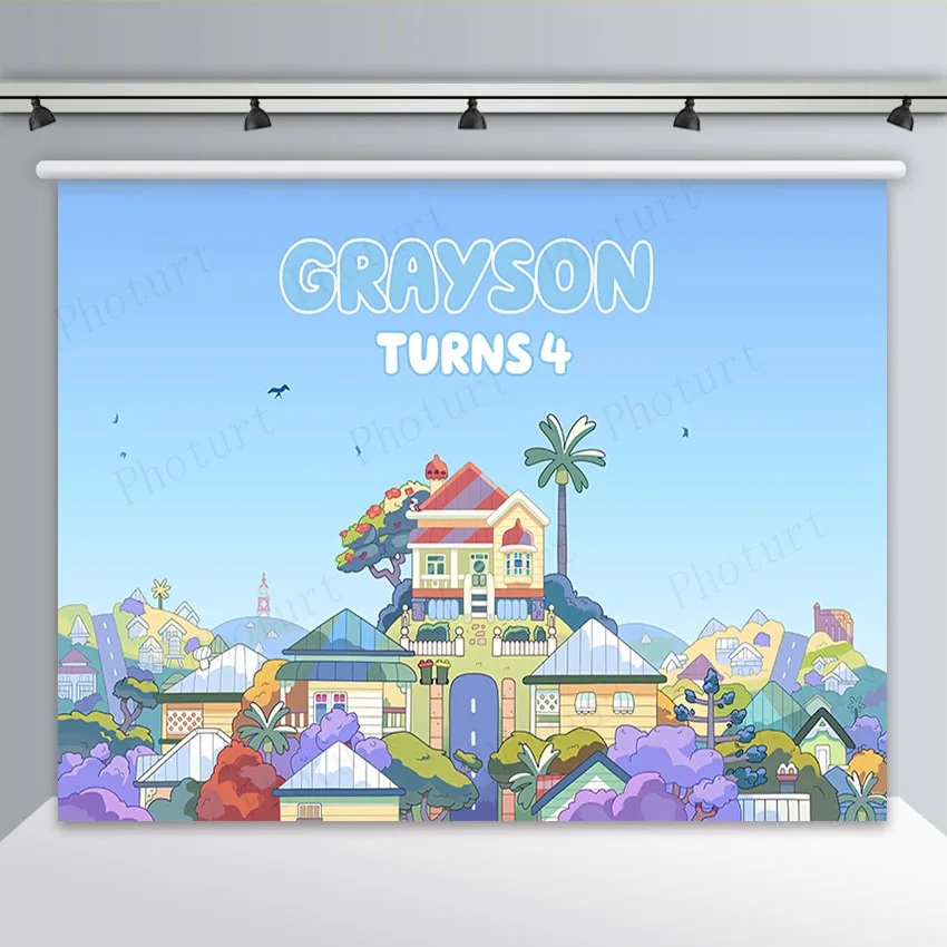 

Cute Blue Dog House Backdrop Kids Birthday Party Decoration Background Vinyl Polyester Party Photography Booth Props