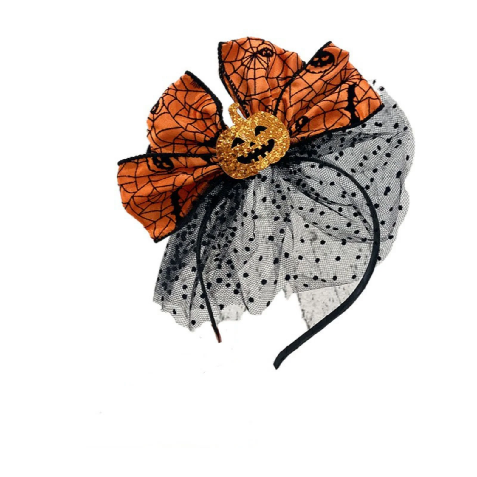 1PC Stirnband mit Halloween-Motiv, orangefarbene Kürbisschleife mit Spinnennetz und schwarzem Netz, festliche Haardekoration – Detail 6