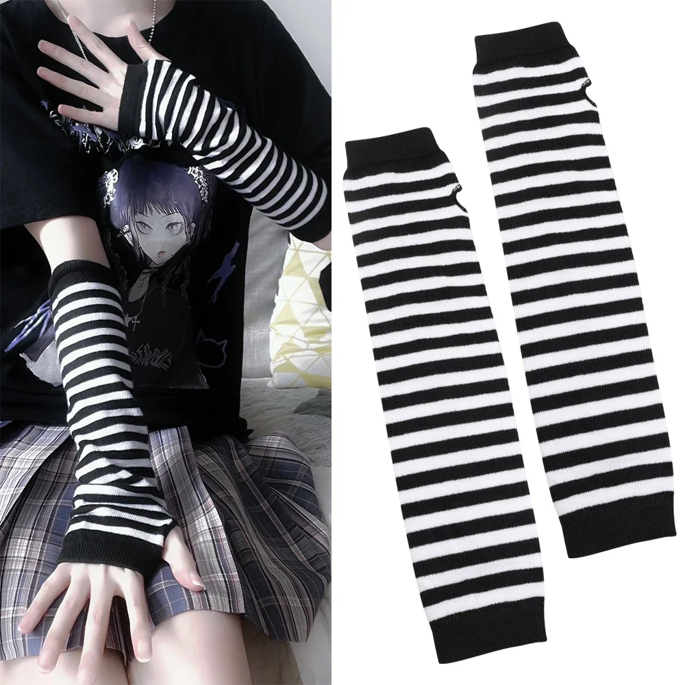 Y2K Gothic Lolita Gloves Arm Cover Harajuku Arm Warmers Black Grey Striped Fingerless Punk Long Wristband Metallic Unisex Gloves