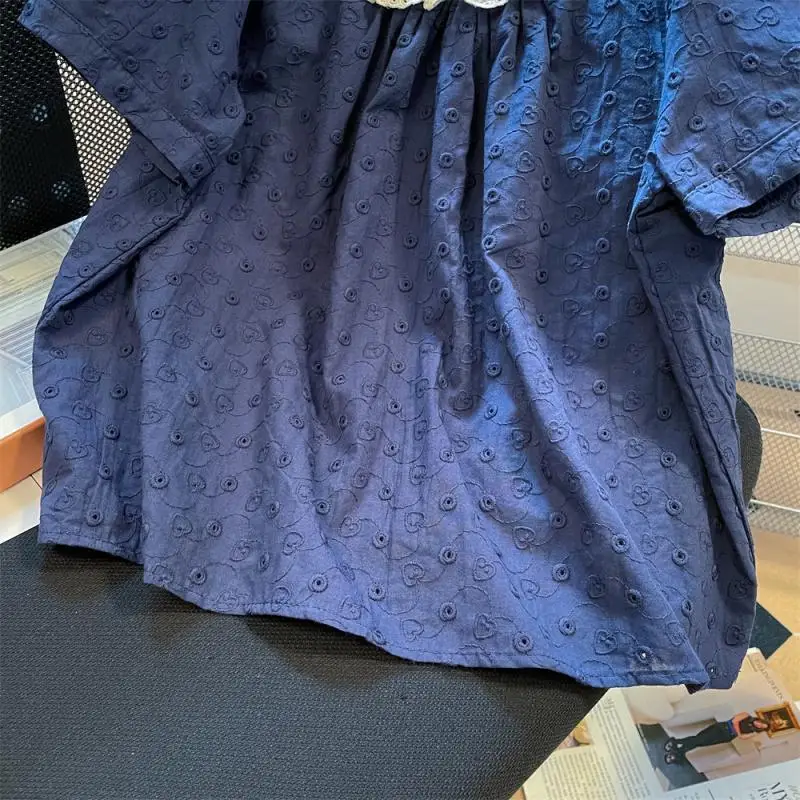 Chemisier à lacets en dentelle à manches bulles bleu marine pour étudiante, petit haut polyvalent de style coréen doux et doux