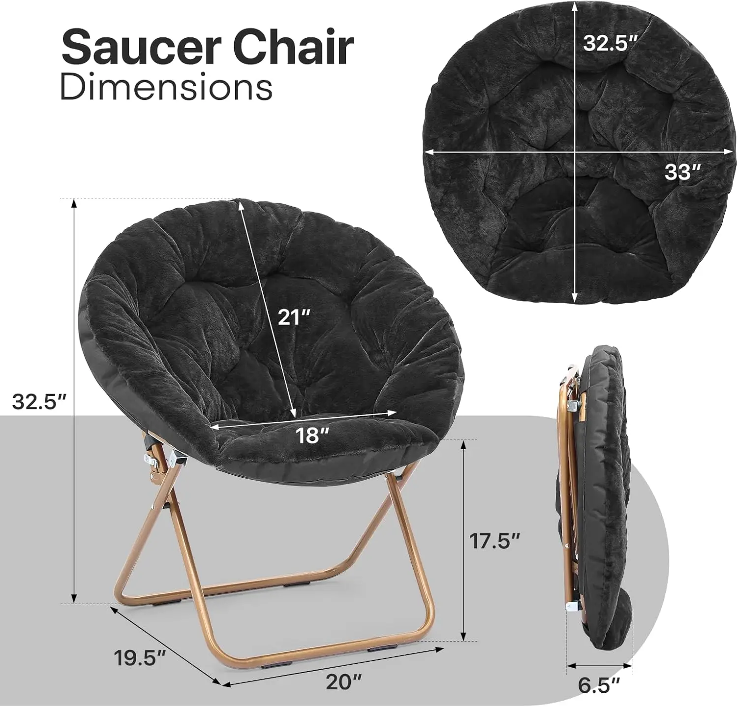 Foldable Oversized Moon Chair, Large Soft Lazy Cozy Comfortable Faux Fur Round Saucer Moon Chair for Teens and Adults, Black