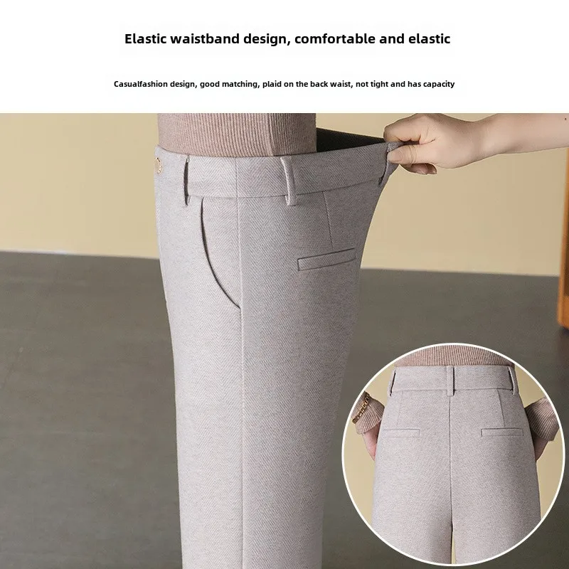 Winter Wool Wide Leg Pants for Women, Thickened, Warm, High Waisted, Slimming Straight Leg Pants with Pockets, Office Work Pants