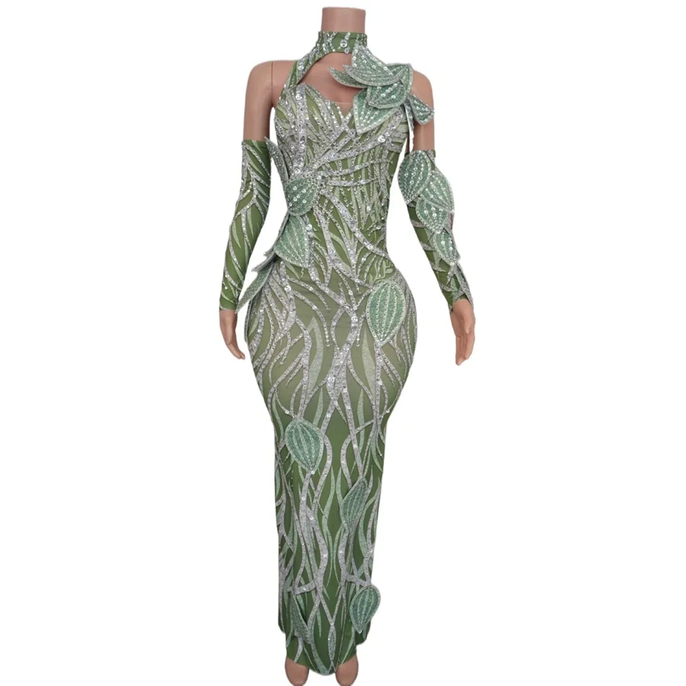ชุดวันเกิด Rhinestone Leaf ชุดยาวถุงมือผู้หญิงเซ็กซี่ฉลองชุดราตรีนักร้องแสดงเวทีสวมใส่