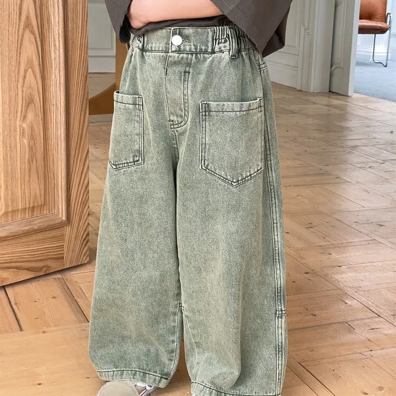 

Autumn Baby Boys Jeans Retro Korean Infront Pockets Children Boys Trousers Loose Elastic Waist Little Boys Denim Wide Leg Pants