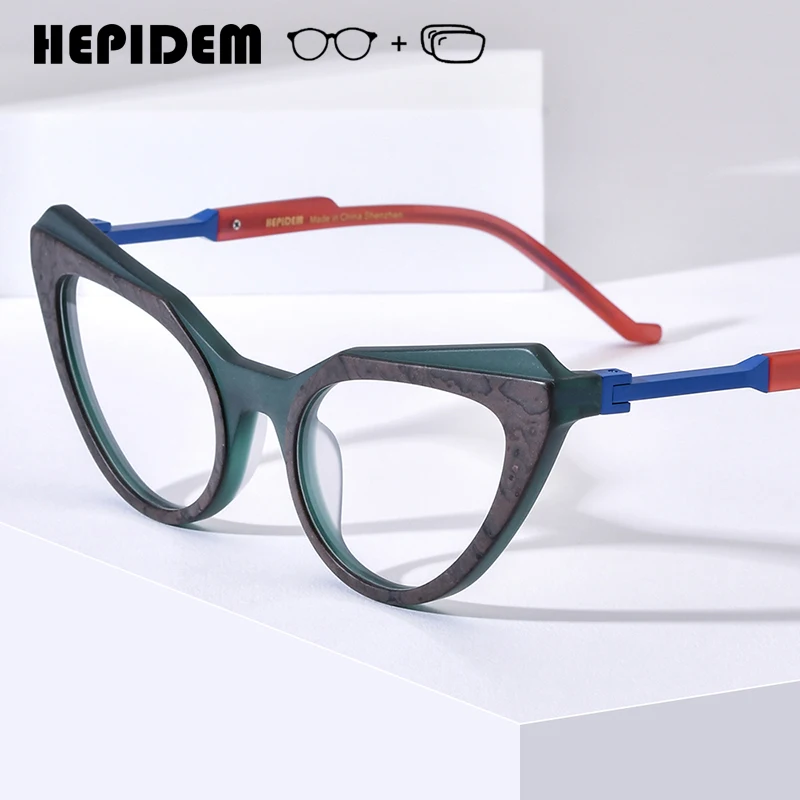 HEPIDEM Progressive Prescription Eyeglasses Custom Myopia Optical Lenses Eyewear Women Acetate Cat Eye Glasses 9369