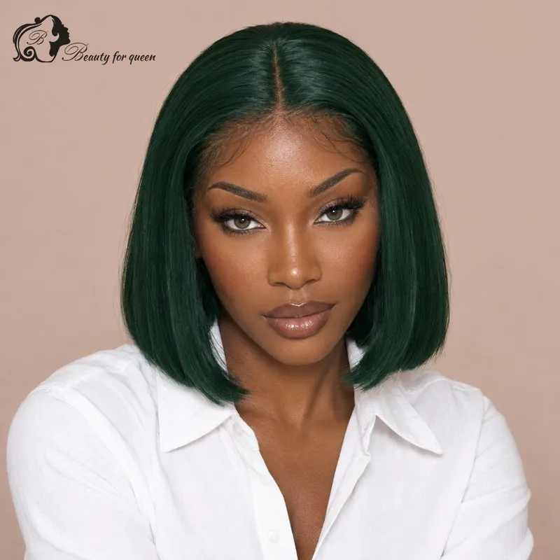 Forest Green Straight Lace Front Wig Short New Sleek Party Shiny For Lady Pre Plucked Ready To Wear Everyday Vixen Middle Part