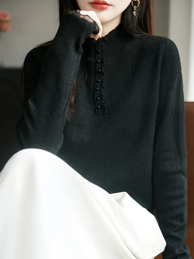 エレ ホワイト ニット セーター ボタン付き スタンドカラー レーストリム付き 女性用 ソフトラグジュアリー スレ ロングスベ レギュラーフィット