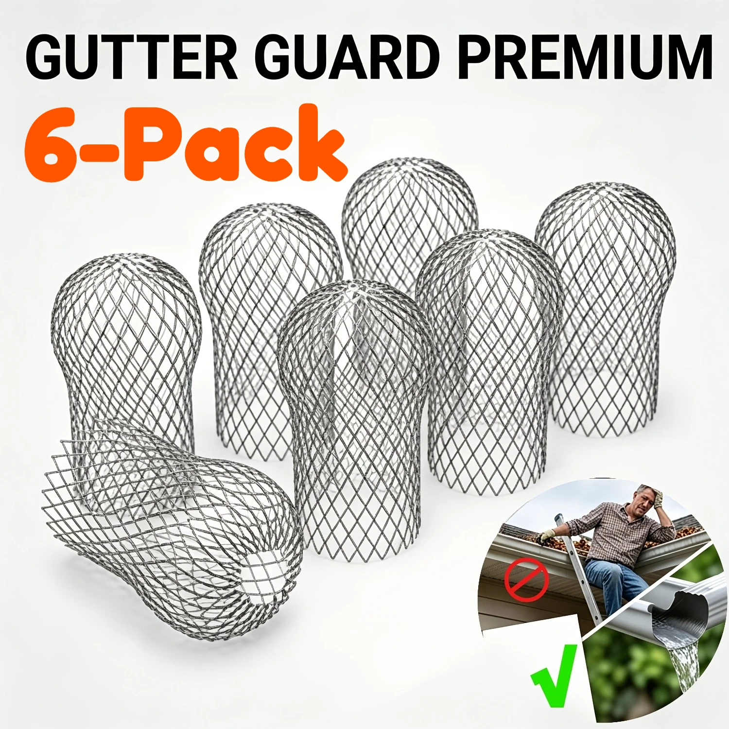6PCS Expandable Gutter Guard, Downspout Filter for 2-4 Inch Roof Pipe, Tool-Free Clog Protector, Leaf Debris Pest Proof