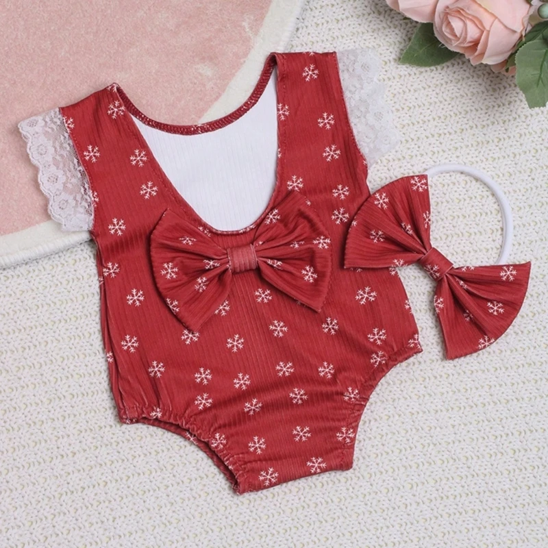 

2pcs/set Photography Props for Baby Girls 0-1M Photo Costume Bowknot Jumpsuits Headdress Newborn Milestones Photo Outfit