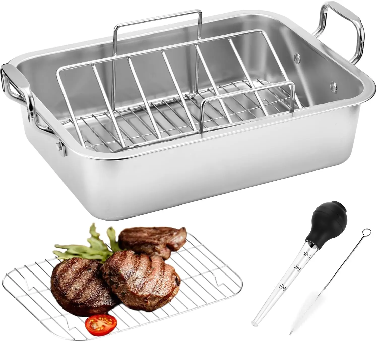 

15 Inch Stainless Steel Roasting Pan with V-Rack & Baster - Fits 20lb Turkey, Chicken, Vegetables