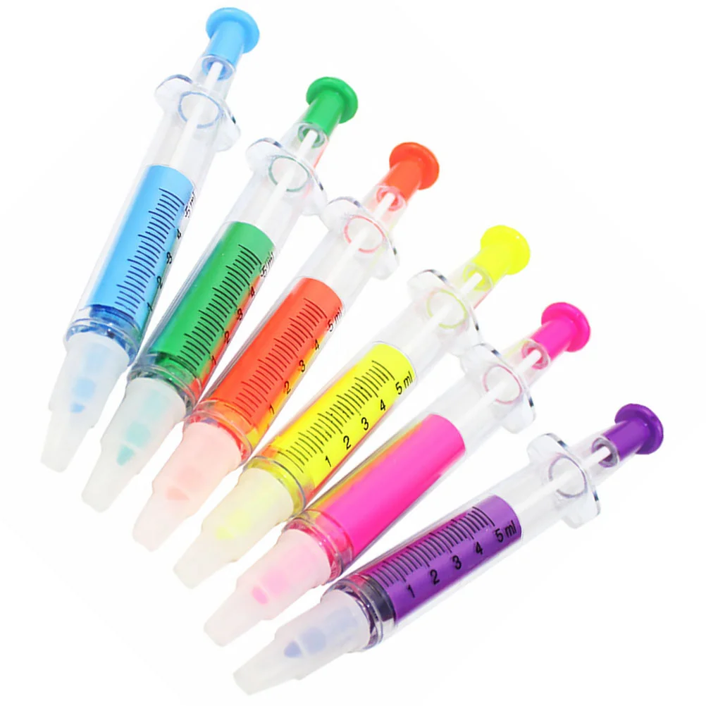 

6 Pcs Needle Pen Highlighters Broad Tip Fluorescence Markers Writing Pastel Students Stationery Abs Syringe-designed