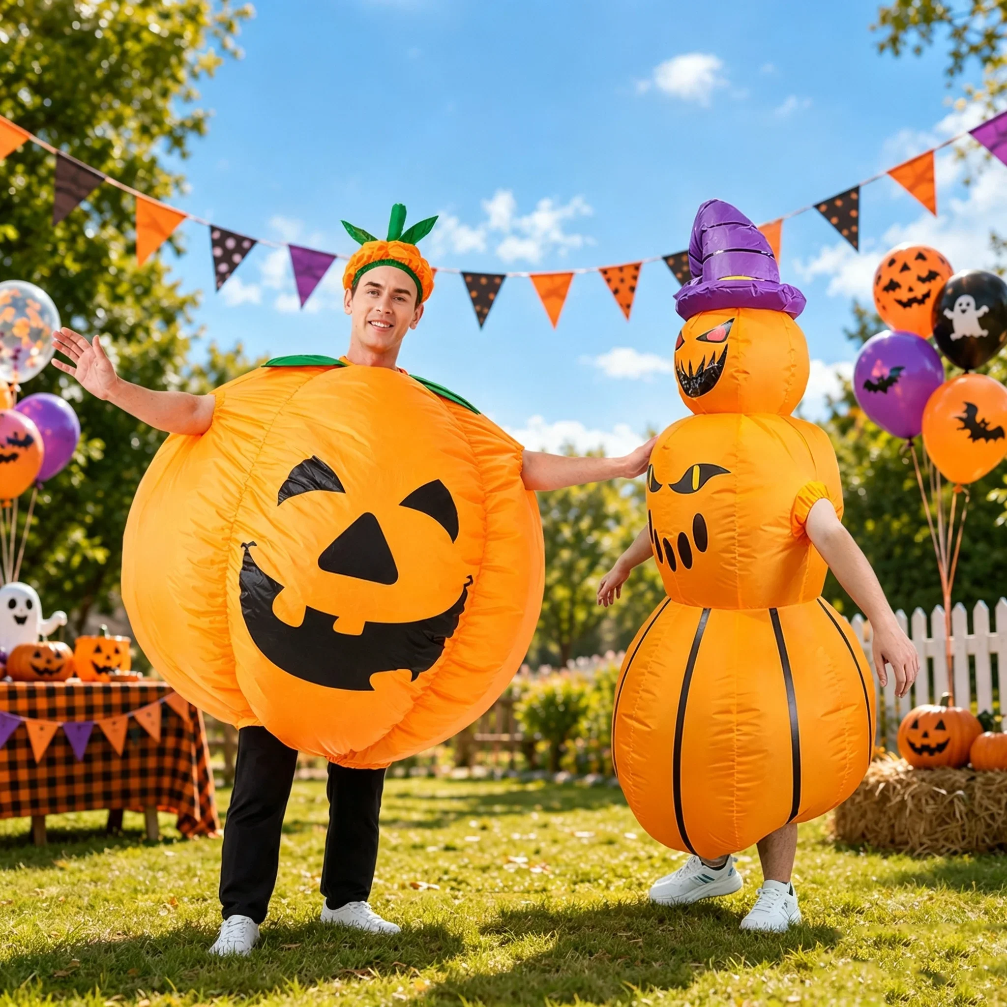 Nouveau costume gonflable de citrouille d'Halloween, tête de citrouille réaliste, ensemble de performance amusant pour la scène, chapeau violet, accessoires gonflables de citrouille.