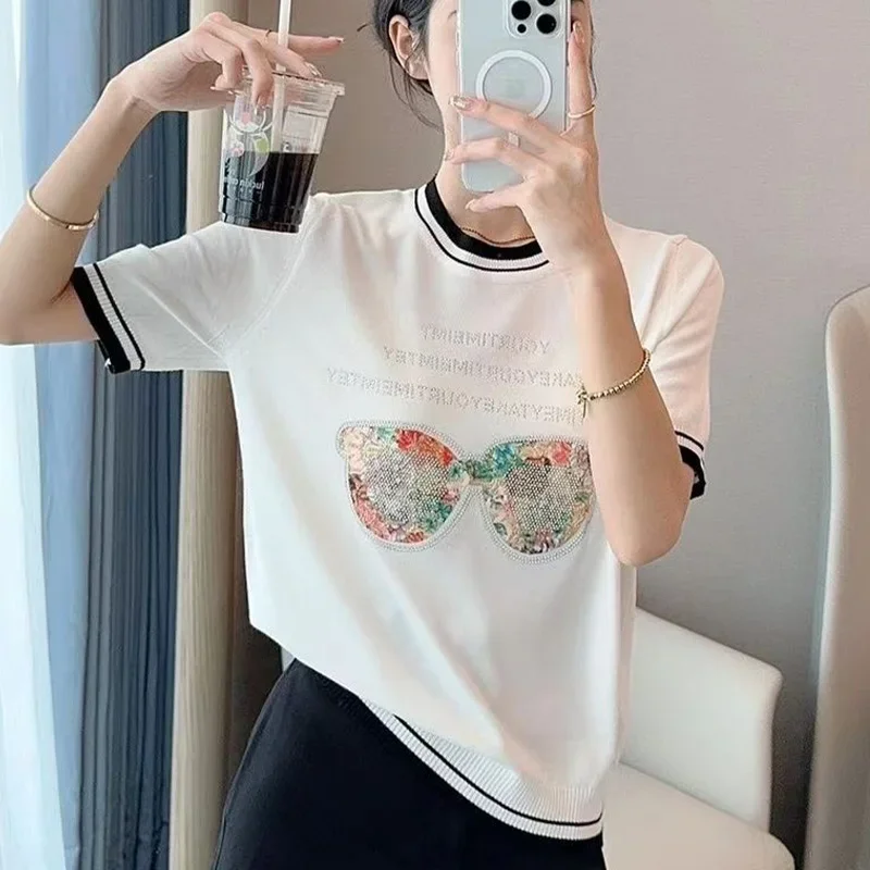 

Office Lady Fashion Letter Diamonds Summer Vintage Thin Knitted Tops Women's Clothing Elegant Loose Short Sleeve O-neck T-Shirt