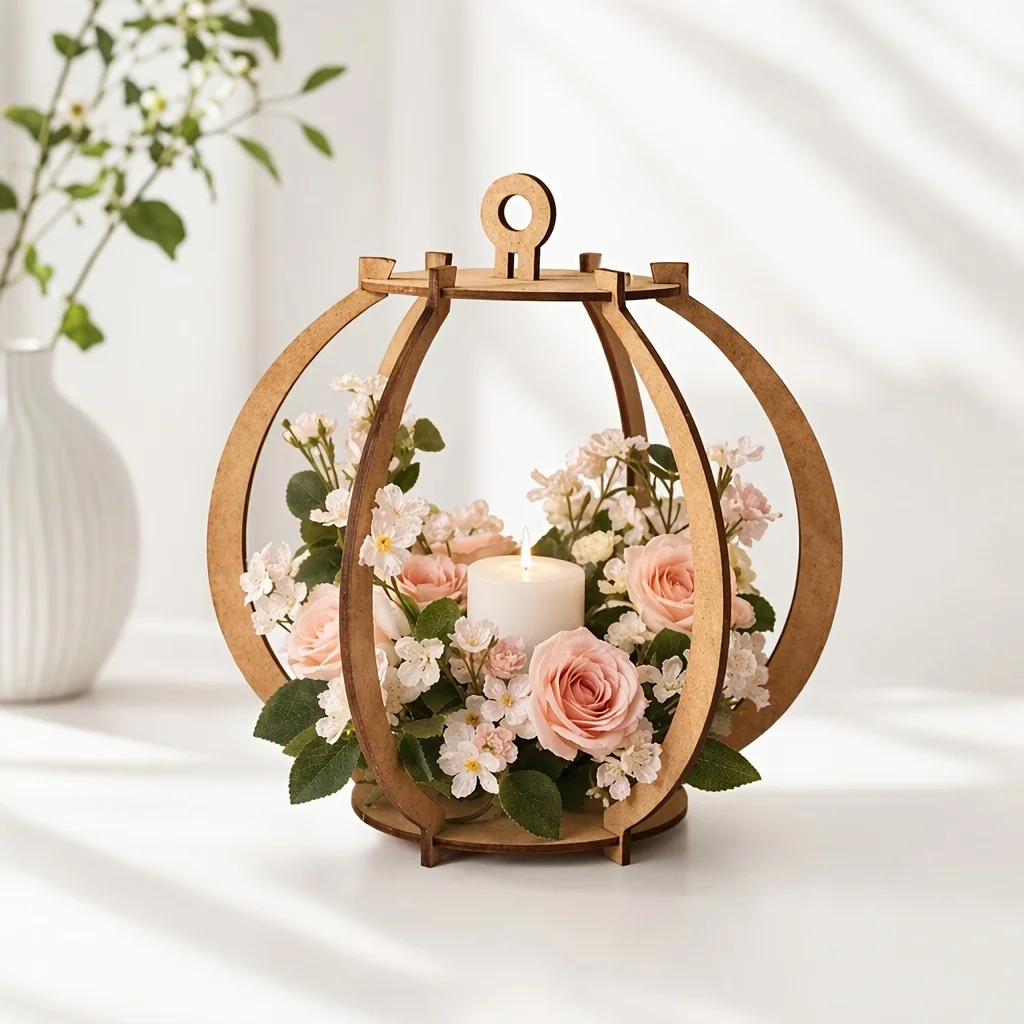 1 Pc Vintage Laser Cut Wooden Lantern Candle Holder (Artificial Flowers Not Included) | Wedding Bridal Room Dining Table Living