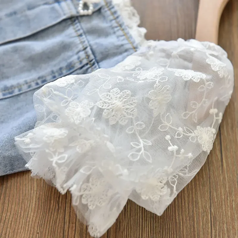 Children Girls Beads Lace Sleeve Denim Dress Toddler Fashion Summer Dresses