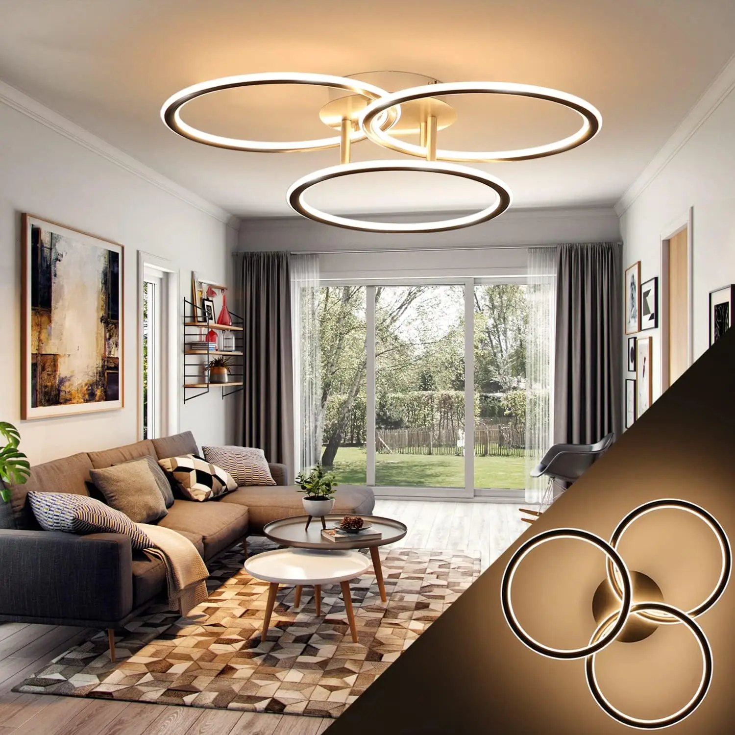 Led-plafondlamp, plafondlamp, modern ringdesign, warm wit, 3000 K, slaapkamerlamp, 41 W, 3 lampen, van ijzer en aluminium, bureaulamp, keukenlamp, hallamp