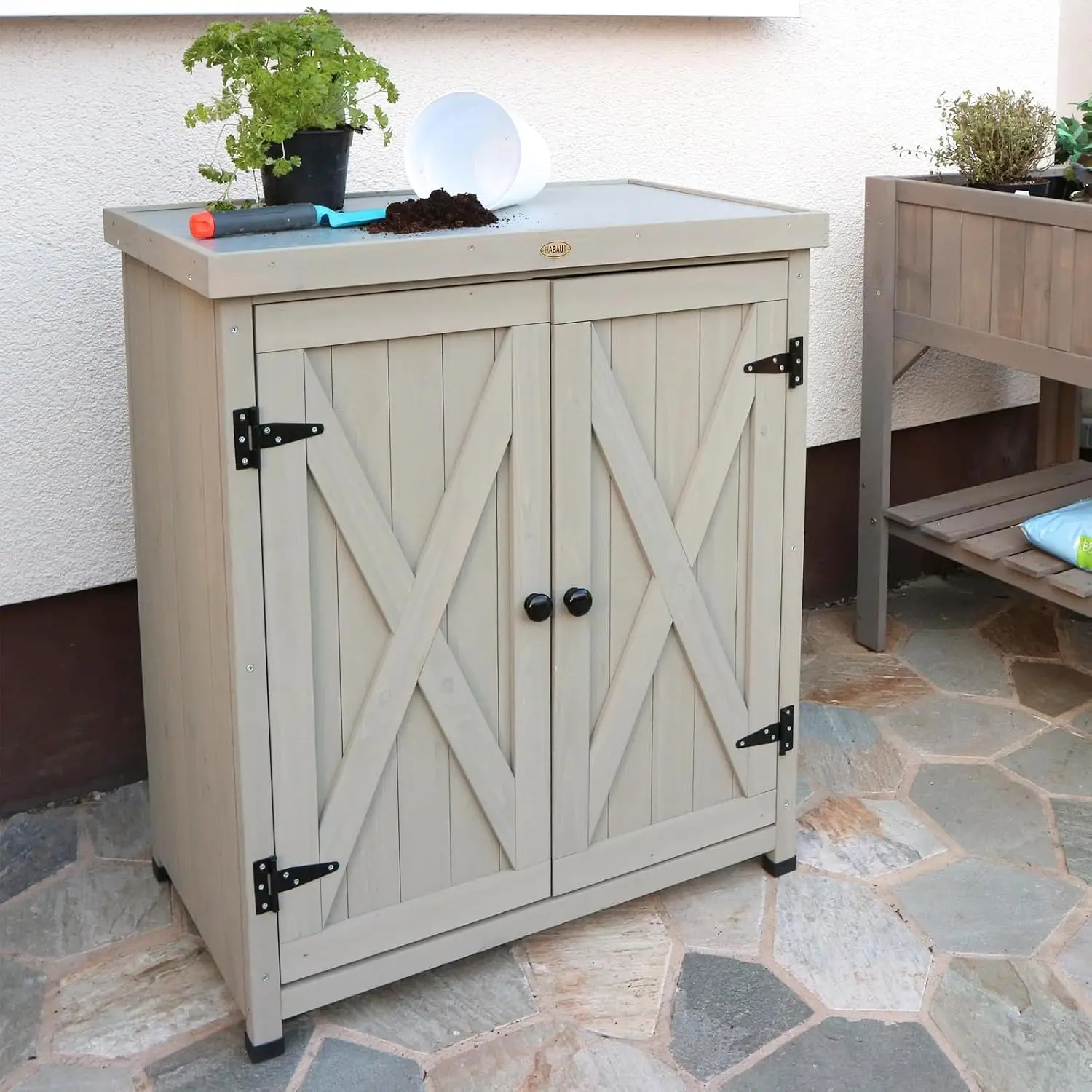 Weatherproof Outdoor Garden Storage Cabinets & Work Bench, Wooden Potting Table Workstation with Shelves and Metal Tabletop for Patio