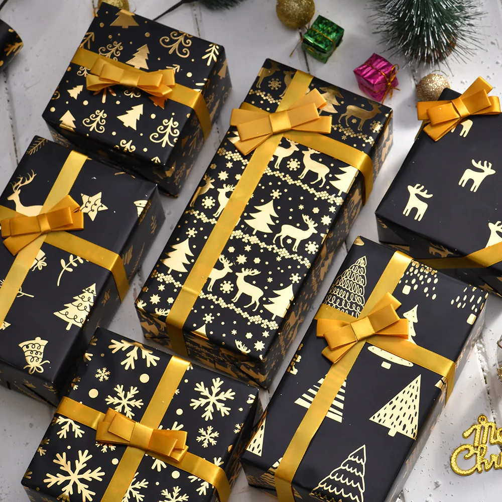 6 Pcs Metalic Xmas Christmas Tree Deer Wrapping Paper Sheets Roll Packaging for Holiday Gift Wrap Vintage Craft Paper Decor