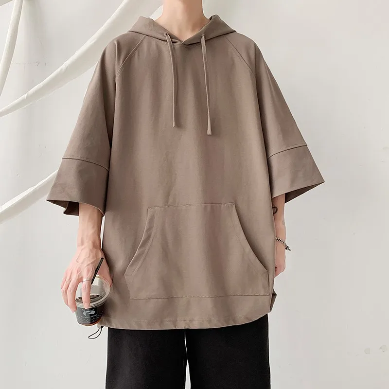 

Solid Color Hooded T shirt Men Summer Korean Short Sleeve Pullover Loose Casual T-shirt Streetwear Drawstring Tops Men Clothing
