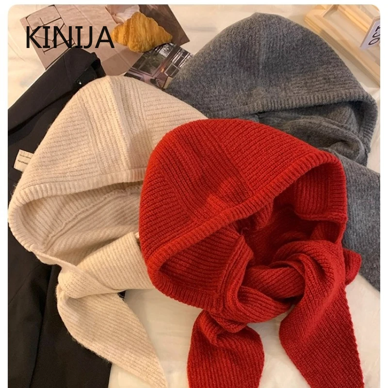 الكورية بالاكلافا بونيه المرأة Skullies قبعة صغيرة وشاح قطعة واحدة سميكة الدافئة الرقبة حماية الشتاء اكسسوارات محبوك القانون