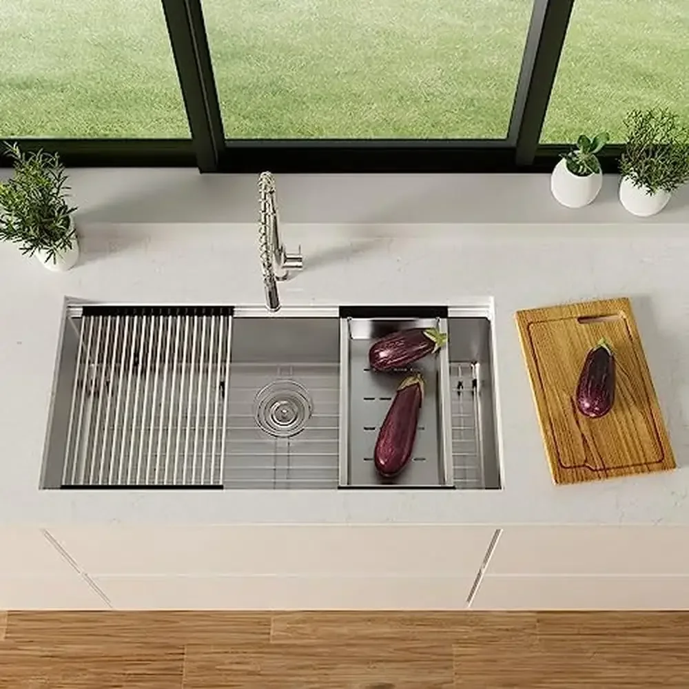 Lavello da cucina sottopiano da 36 pollici, vasca singola in acciaio inossidabile, sporgenza integrata e accessori inclusi, profondità, grande capacità, silenzioso