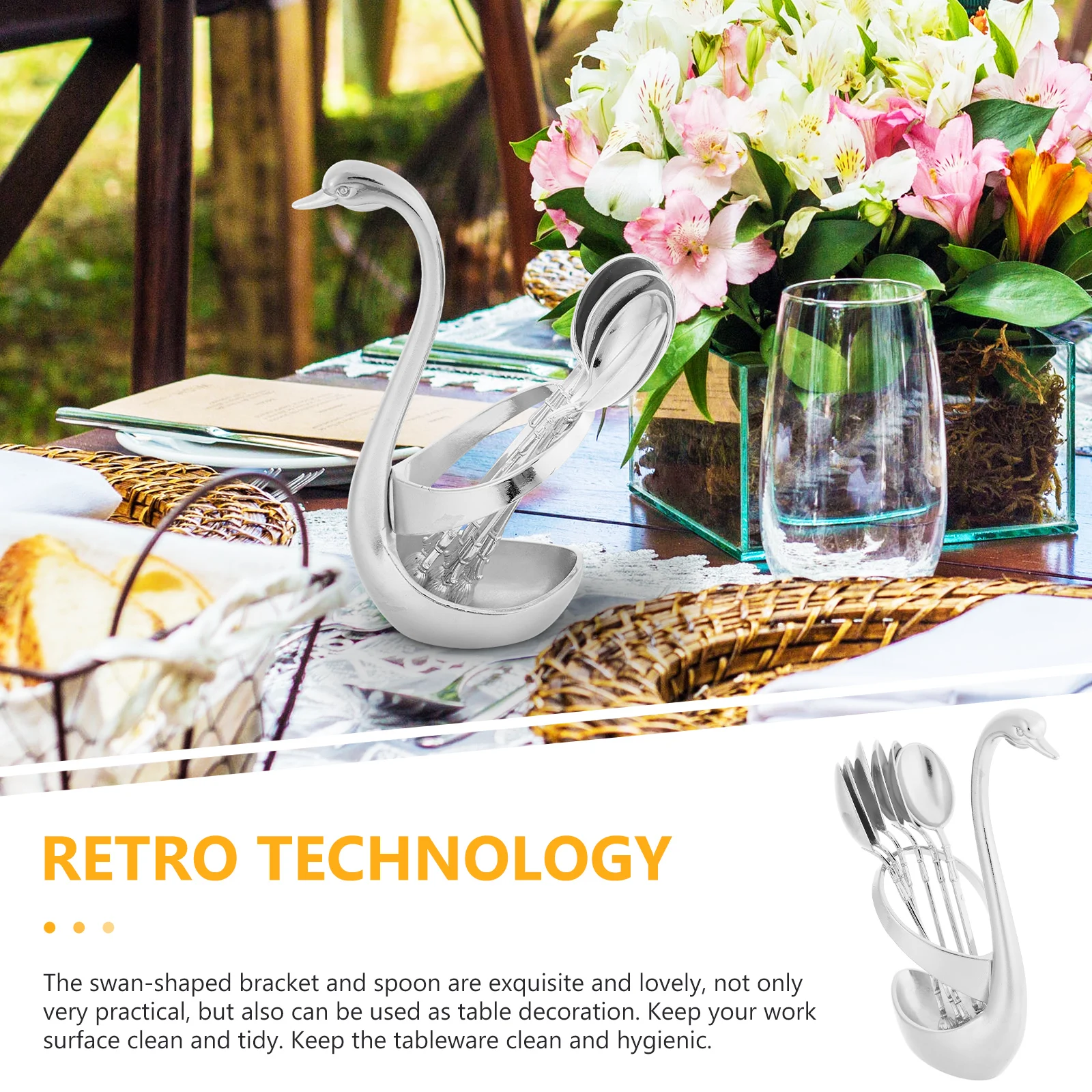 

1Set Dessert Spoon Set Swan Flatware Combination with Storage Rack for Baking Cooking Serving Kitchen Utensils Household Spoons