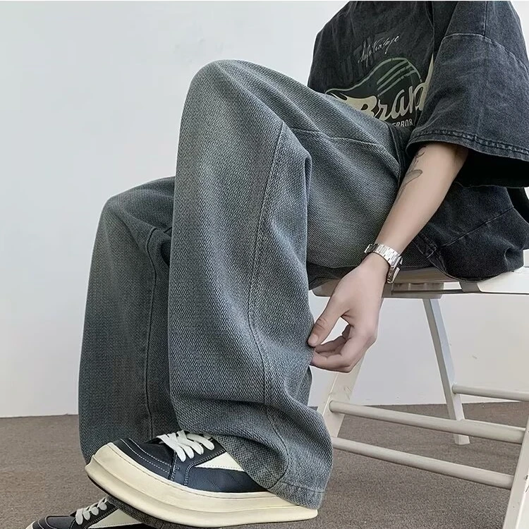 

Loose Fit Straight Leg Men's Jeans Casual Pattern Wide Leg Casual Sle mid Waist Button Closure Denim Jeans for Teens