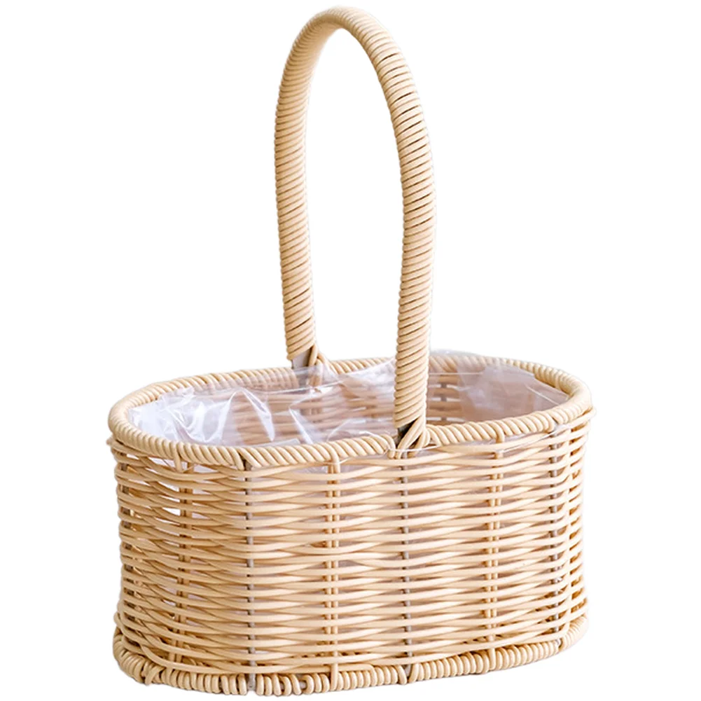 Oval Rattan Flower Basket with PE Weave and Integrated Waterproof Lining for Holding Fresh Blooms or Curated Decor Items