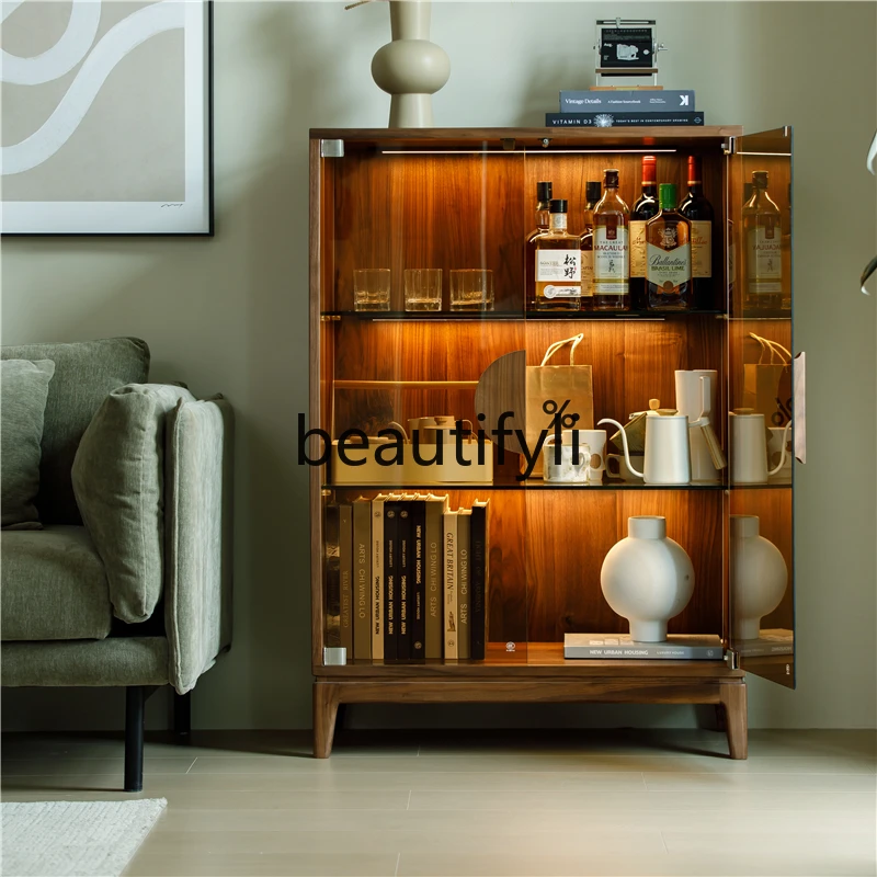 

North American black walnut display cabinet pure solid wood living room glass wine cabinet dining side entrance cabinet