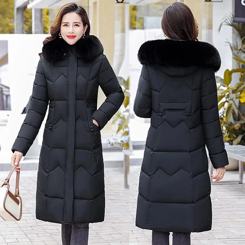 

Winter Jacket 2023 Korean Women Parka Puffer Fur Collar Hooded Thick Warm Long Female Coat Casual Outwear Down Cotton Jacket