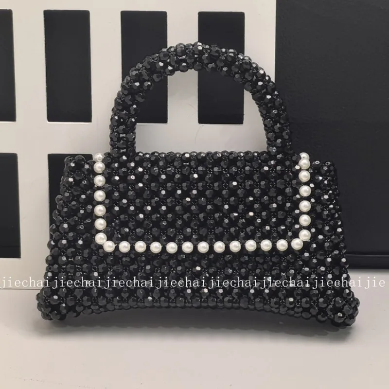 

New Niche Handmade Bead Hollow Woven Hand-held Crossbody Banquet Bag High-end Versatile Customizable Color Black Pink Handbag