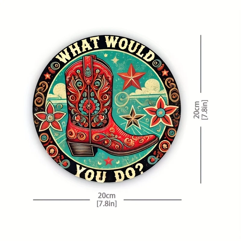 [2D Flat] Western Boots 2D Rustic Farmhouse Sign - 8x8 Inch Aluminum Wall Art with Red Cowboy Boots, Stars, and Floral Design -