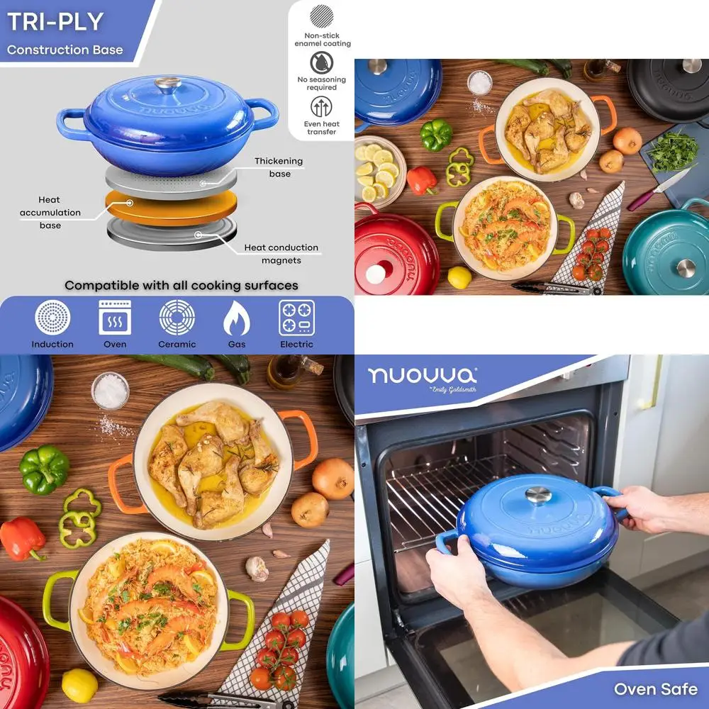 

Non-Stick Shallow Dutch Oven Pot - Oven Safe Up to 500°F - Enamelled 3.7-Quart Cookware - Dark Blue, 30cm - Sturdy Cooking Stock