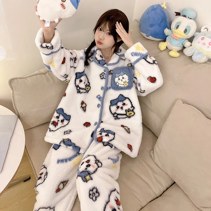 2024 Winter New Chikawa Flannel Warm Pajamas Hachiware Cartoon Print Anime Kawaii Thickened Lapel Cardigan Womens Home Clothes