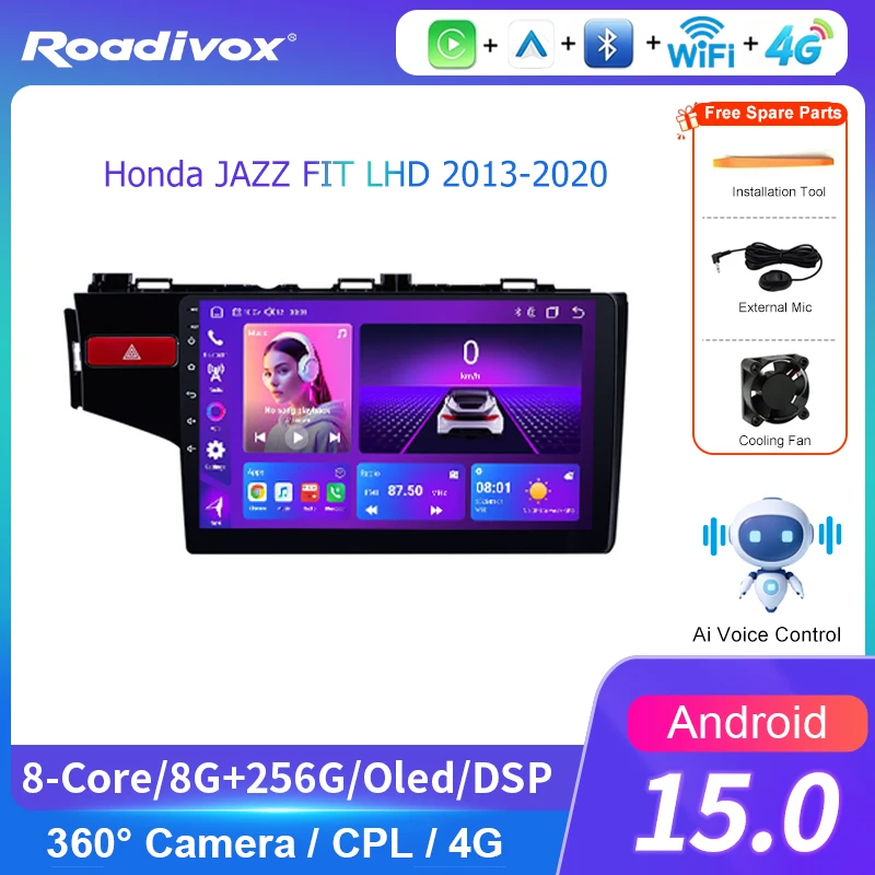 AI VOICE Carplay 2din Android 13 Car Radio Multimedia Video Player for Honda JAZZ FIT LHD 2013 2020 Navigation GPS Stereo Head