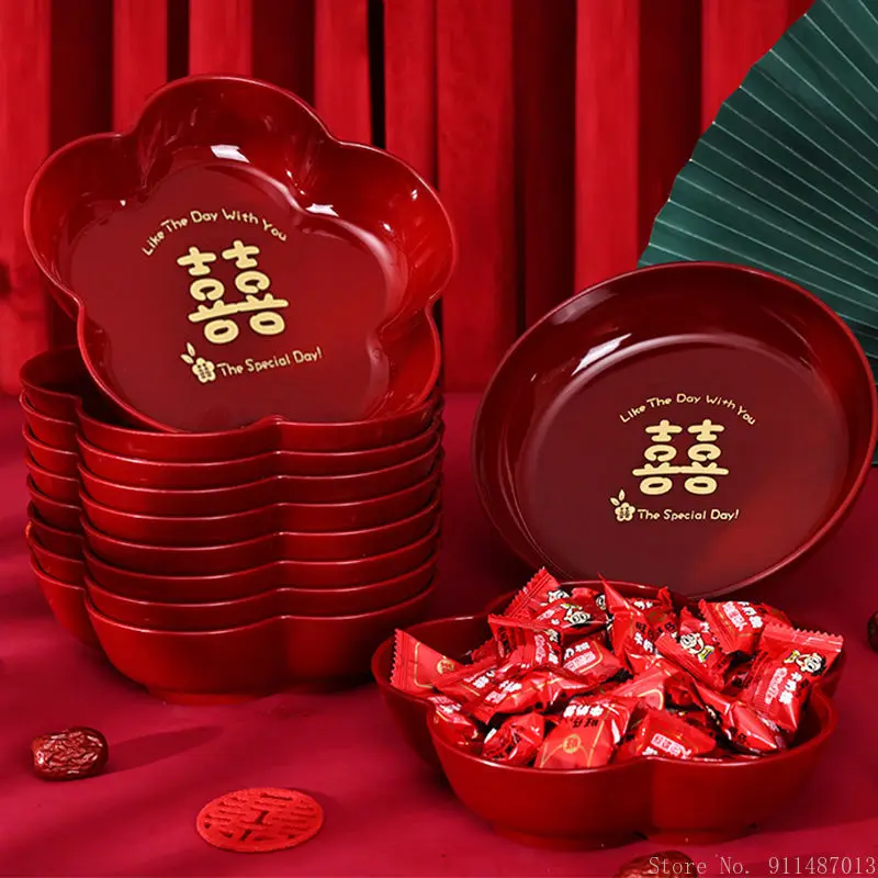 4pc Chinese Style Celebration Wedding Fruit Plate Home Restaurant Living Room Engagement Supplies Red Plastic Wedding Sugar Tray