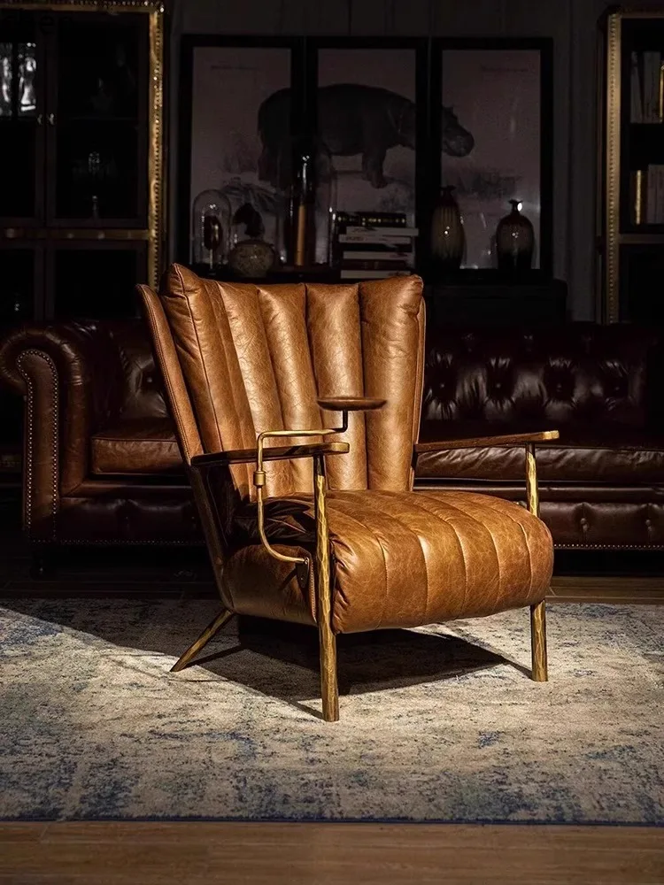 HTT Retro Style Oil Wax Genuine Leather Handcrafted Chaise Longue Vintage Tiger Chair Single Sofa Cigar Chair