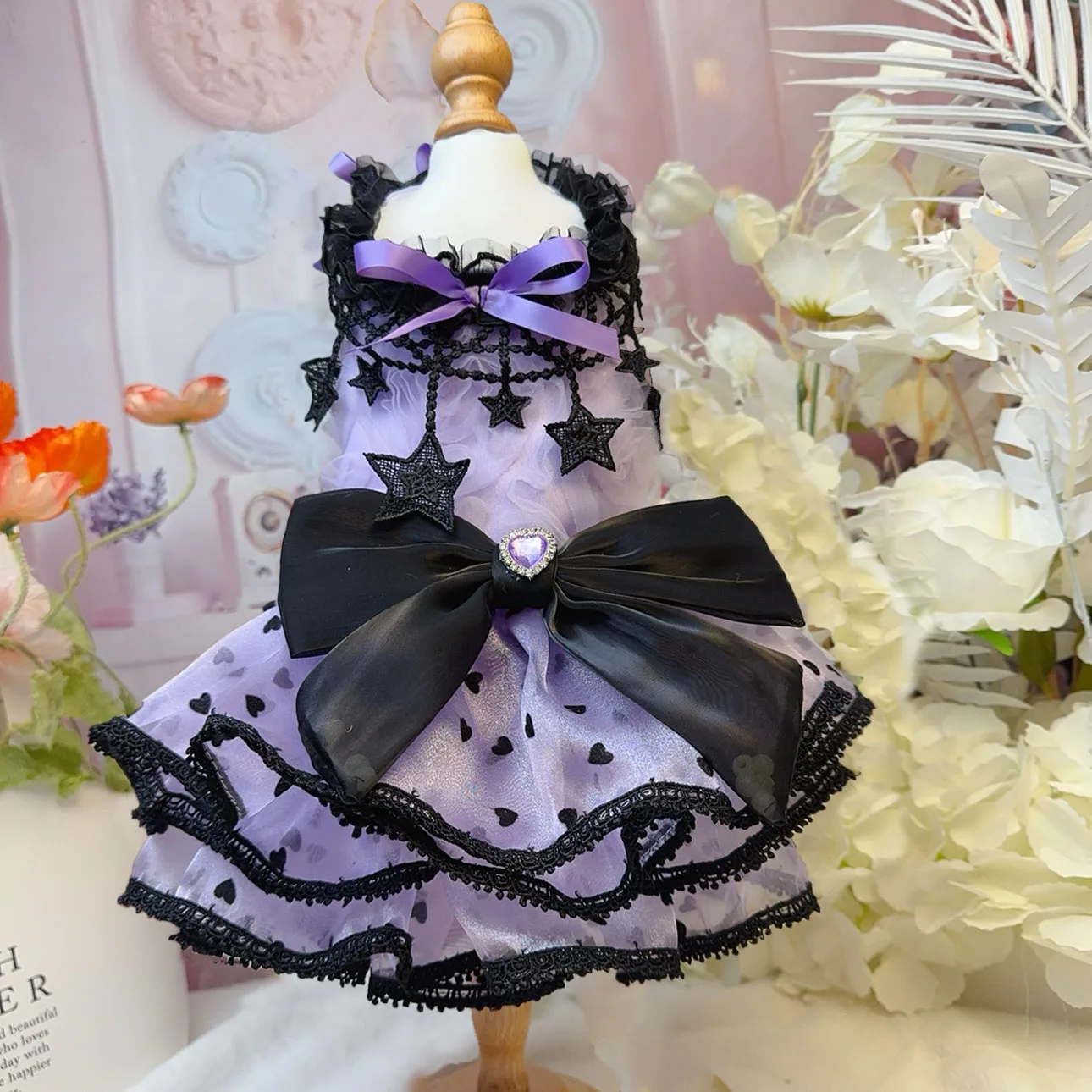 

Luxury Fashion Pet Dog Clothes Handmade Purple Black Bow Sling Princess Dress For Small Medium Poodle Yorkshire Puppy Clothing