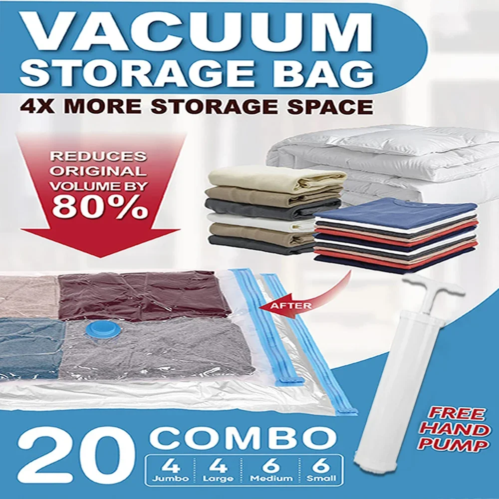

20 Pack Vacuum Storage Bags with Pump, Space Saver Bags Seal Bags for Clothing Comfoters Pillows Blanket Bedding Travel Organize