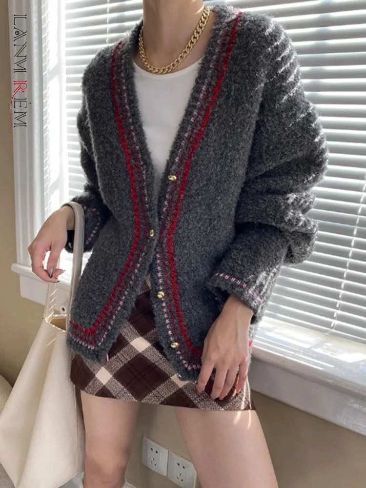 [LANMREM] Casual Block Color Knited Cardigan For Women 2025 Spring New Clothing V-neck Single Breasted Elegant Sweater 25Z2075